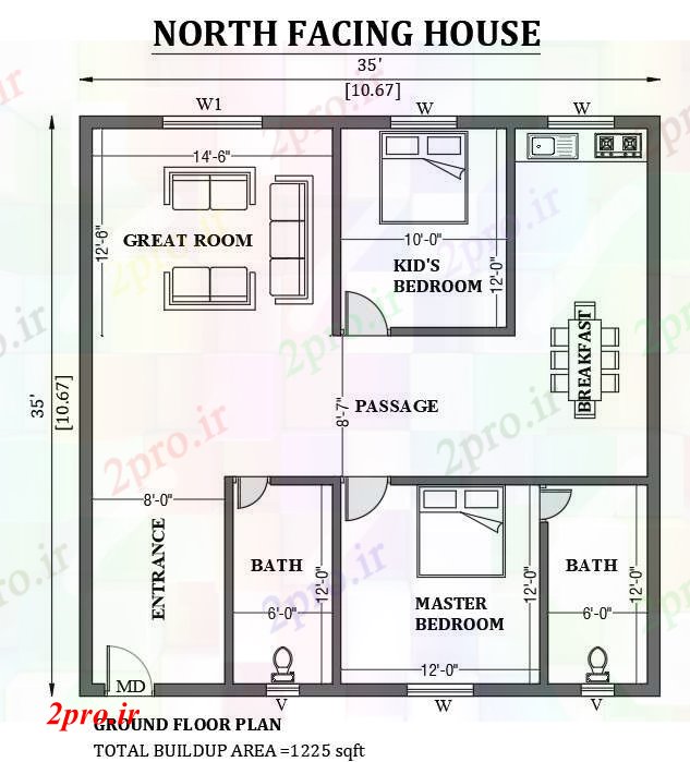 دانلود نقشه مسکونی  ، ویلایی ، آپارتمان  رو به شمال خانه طراحی 35'x35 به عنوان در هر Vastu Shastra هستند   طراحی  دو بعدی  اتوکد     (کد50903)