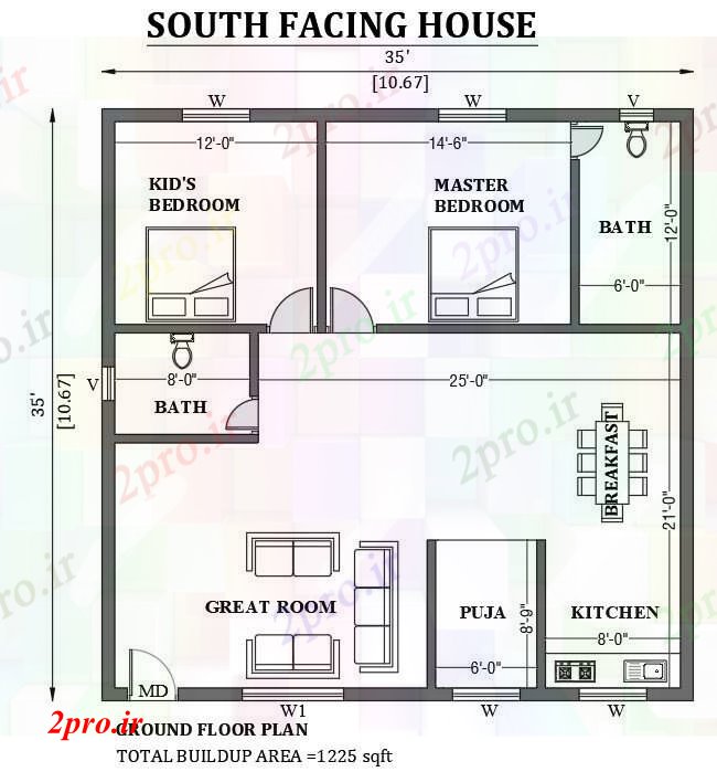 دانلود نقشه مسکونی  ، ویلایی ، آپارتمان  رو به جنوب خانه طراحی 35'x35 به عنوان در هر Vastu Shastra هستند   طراحی  دو بعدی  اتوکد     (کد50904)