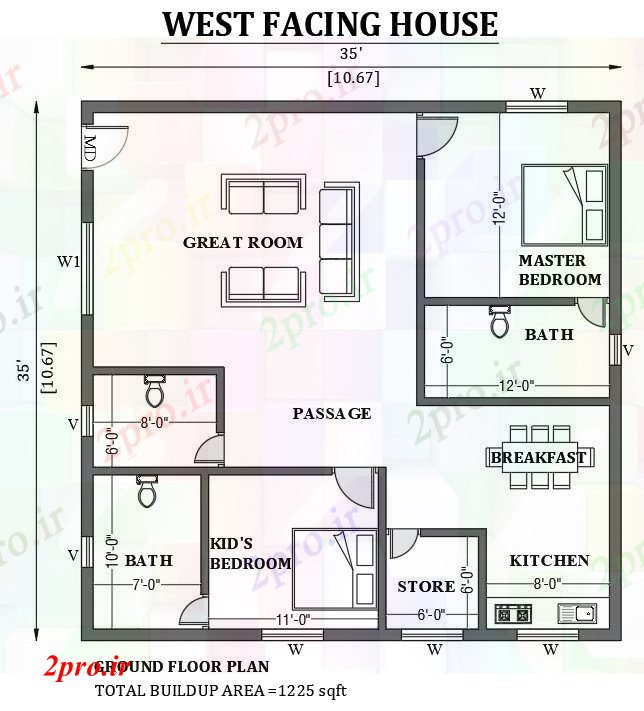 دانلود نقشه مسکونی  ، ویلایی ، آپارتمان  غرب در مواجهه با خانه طراحی 35'x35 به عنوان در هر Vastu Shastra هستند   طراحی  دو بعدی  اتوکد     (کد50905)