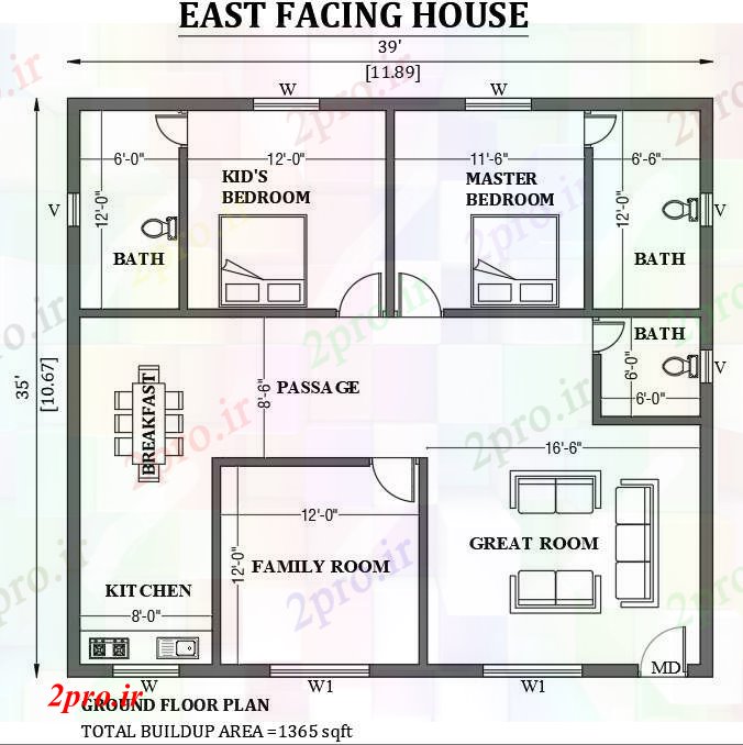 دانلود نقشه مسکونی  ، ویلایی ، آپارتمان  خانه طراحی رو به شرق 39'x35 به عنوان در هر Vastu Shastra هستند   طراحی  دو بعدی  اتوکد     (کد50906)