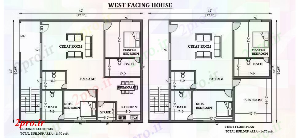 دانلود نقشه مسکونی  ، ویلایی ، آپارتمان  غرب در مواجهه با خانه طراحی 42'x35 به عنوان در هر Vastu Shastra هستند   طراحی  دو بعدی  اتوکد     (کد50914)