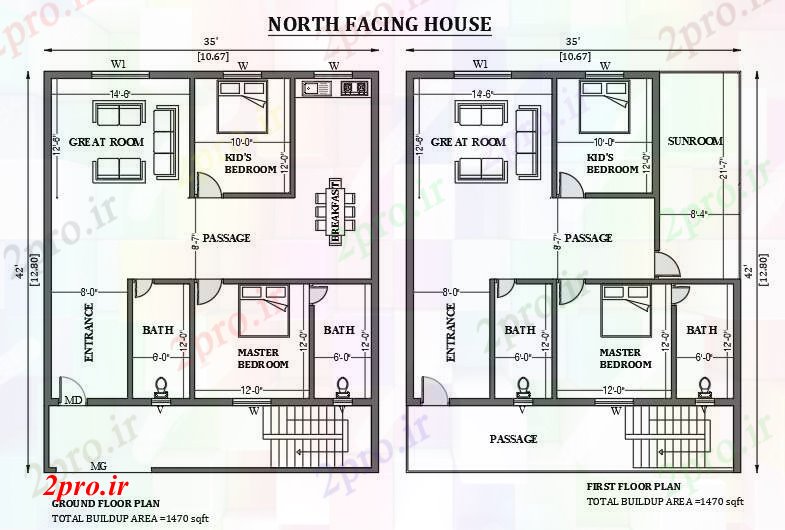 دانلود نقشه مسکونی  ، ویلایی ، آپارتمان  رو به شمال خانه طراحی 35'x42 به عنوان در هر Vastu Shastra هستند   طراحی  دو بعدی  اتوکد     (کد50915)