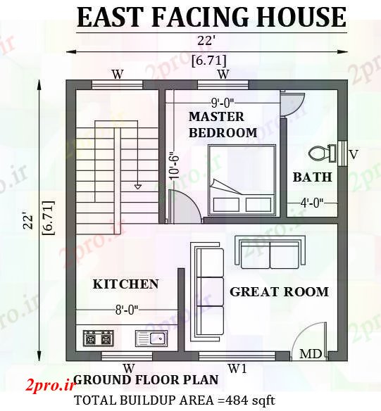 دانلود نقشه مسکونی  ، ویلایی ، آپارتمان  X22     شرق مواجه خانه طراحی به عنوان در هر Vastu Shastra هستند   دو بعدی  خودرو    طراحی    (کد50945)