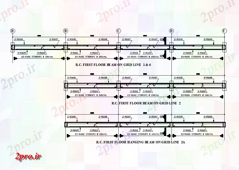 دانلود نقشه جزئیات تیر RC طبقه اول پرتو حلق آویز در جزئیات خط شبکه برای ساختمان 14x19m فروشگاه کار      (کد50976)