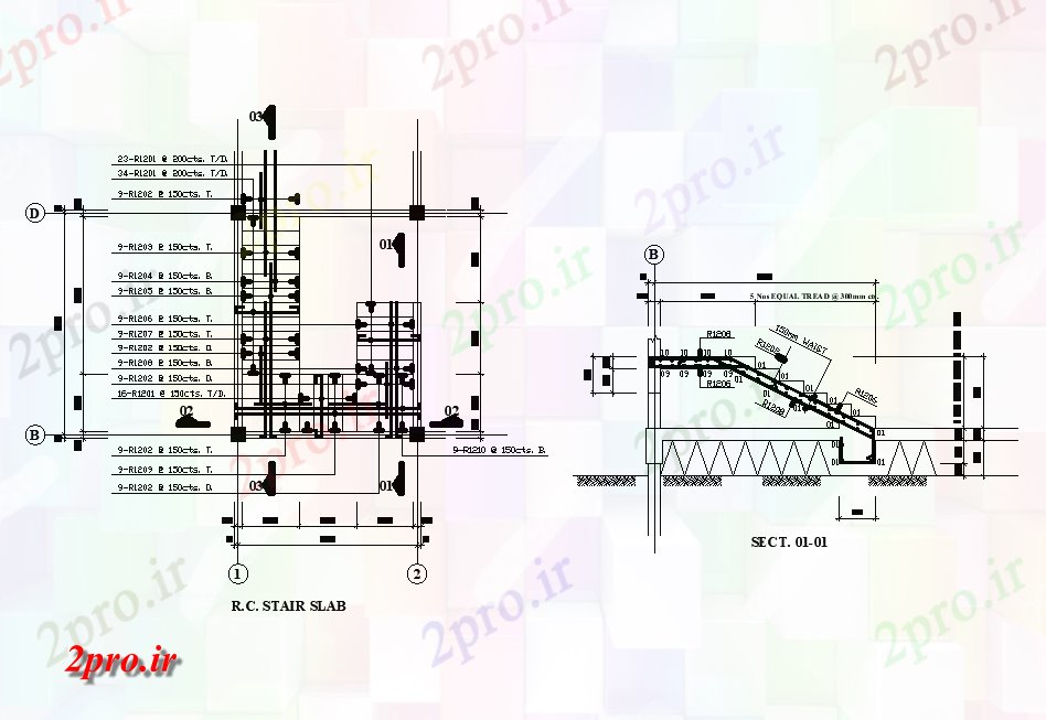دانلود نقشه جزئیات پله و راه پله   RC پله دال از 14x19m مغازه ساختمان کار   (کد50977)
