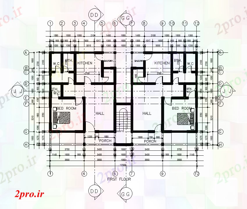 دانلود نقشه مسکونی  ، ویلایی ، آپارتمان  x11m طبقه اول طرحی خانه دوقلو  اتوکد  (کد51005)