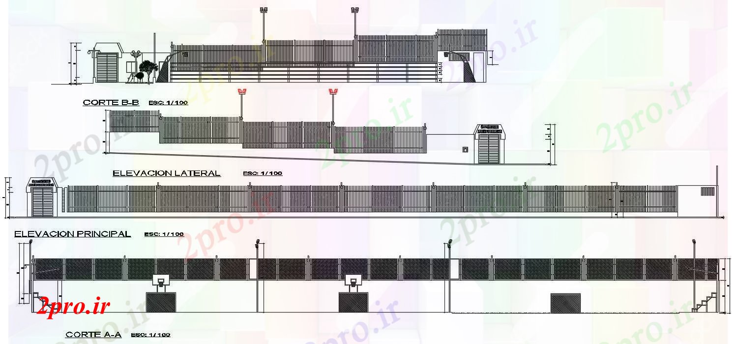 دانلود نقشه پلان مقطعی نما و بخش  طرحی های ورزشی 70X40m   (کد51031)