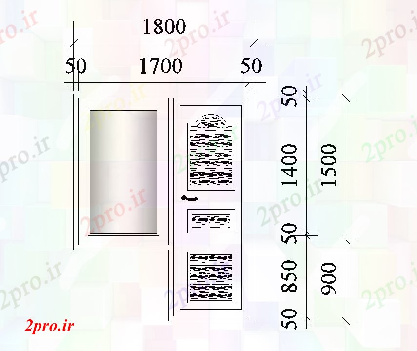 دانلود نقشه جزئیات طراحی در و پنجره  درب 1800x2400mm طرحی پنجره تقدیر   اتوکد  (کد51048)