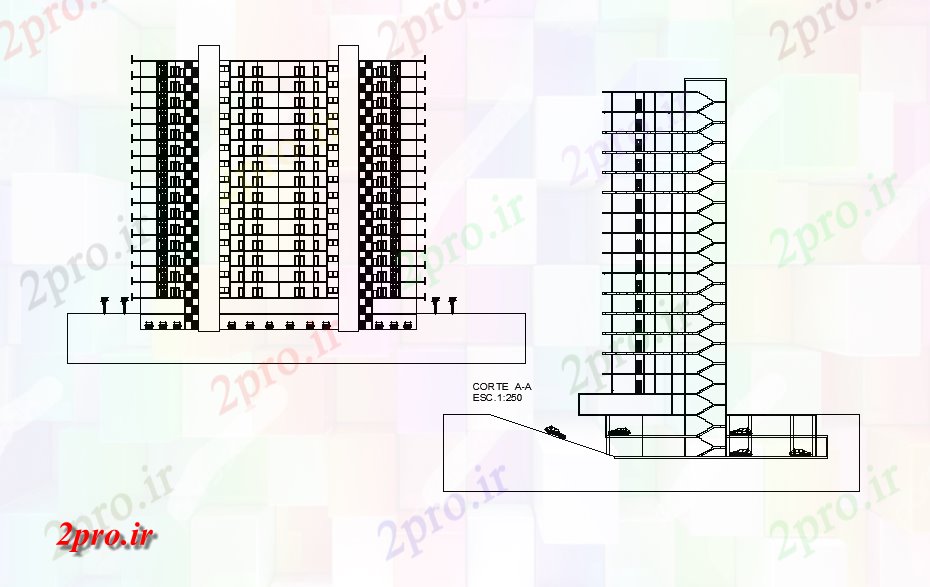 دانلود نقشه مسکونی  ، ویلایی ، آپارتمان  نما و بخش جلو نظر طرحی خانه مشترک آپارتمان     (کد51053)