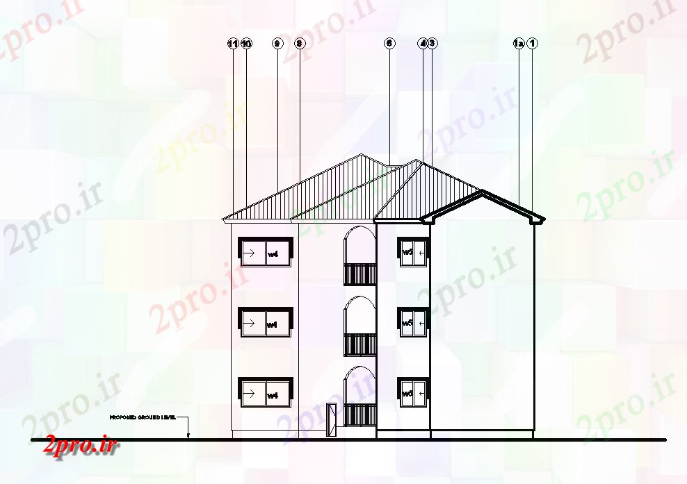 دانلود نقشه مسکونی  ، ویلایی ، آپارتمان  سمت چپ  نما طرحی خانه 30x14m  اتوکد  (کد51080)