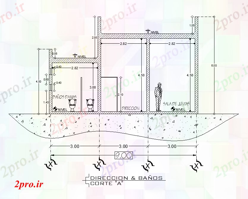 دانلود نقشه پلان مقطعی  بخش از توالت به 20x5m معماری باغ     (کد51096)