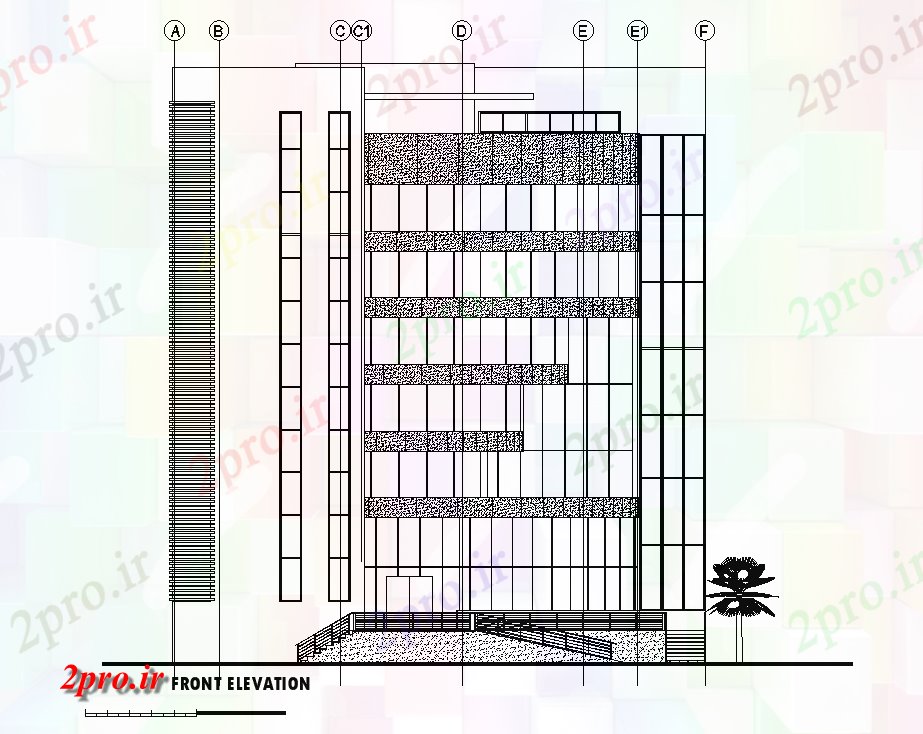 دانلود نقشه ساختمان اداری - تجاری - صنعتی نما مقابل ساختمان 24x17m   (کد51129)