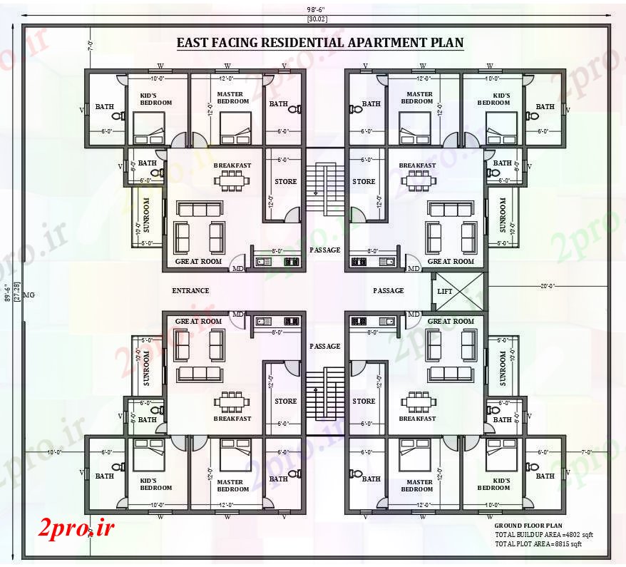 دانلود نقشه مسکونی  ، ویلایی ، آپارتمان  شرق مواجه طرحی مسکونی   (کد51144)