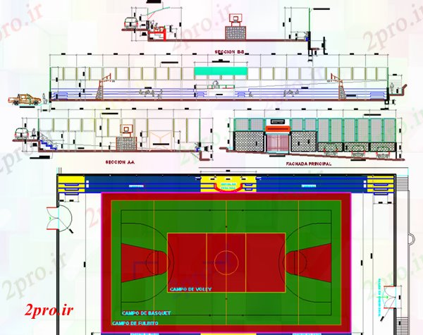 دانلود نقشه ورزشگاه ، سالن ورزش ، باشگاه پروژه توپ سبد خرید 24 در 51 متر (کد51420)
