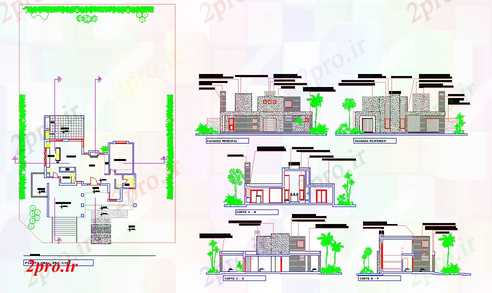دانلود نقشه مسکونی ، ویلایی ، آپارتمان جزئیات طراحی نمای 14 در 15 متر (کد51705)