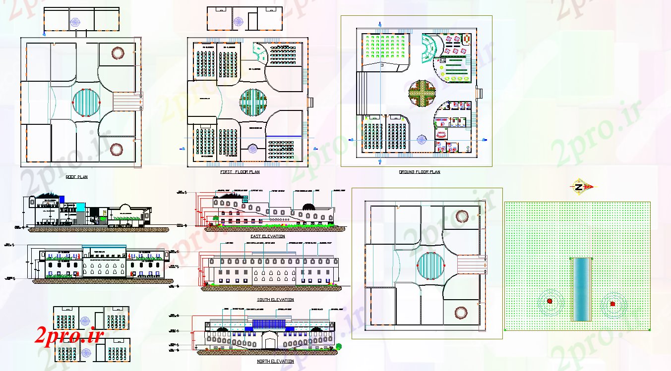 دانلود نقشه دانشگاه ، آموزشکده ، مدرسه ، هنرستان ، خوابگاه - جزئیات طراحی مدرسه 43 در 46 متر (کد51766)