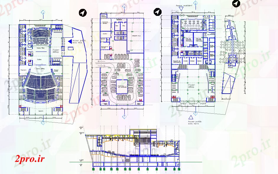 دانلود نقشه هایپر مارکت - مرکز خرید - فروشگاه طرحی تئاتر بازار و 37 در 77 متر (کد51822)