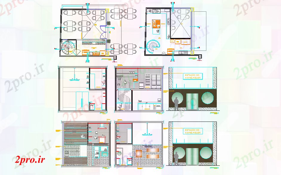 دانلود نقشه هتل - رستوران - اقامتگاه طراحی فروشگاه فست فود 6 در 6 متر (کد51934)
