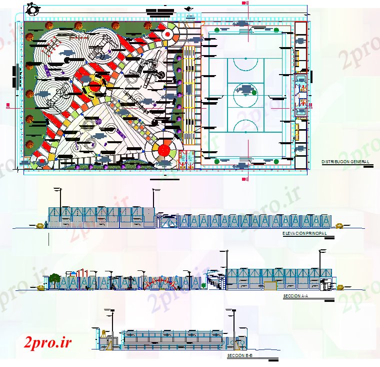 دانلود نقشه ورزشگاه ، سالن ورزش ، باشگاه ورزشی جزئیات پروژه مرکز 36 در 70 متر (کد51983)
