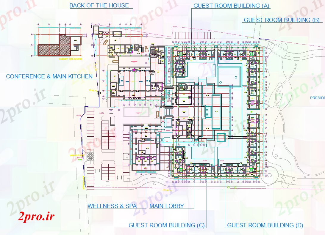 دانلود نقشه هتل - رستوران - اقامتگاه طرحی جامع هتل 97 در 113 متر (کد52011)