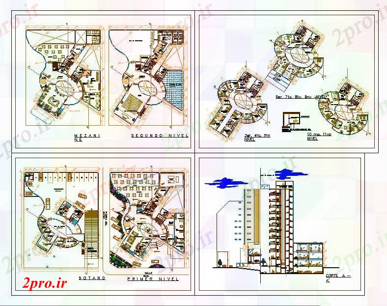 دانلود نقشه هتل - رستوران - اقامتگاه مدرن 4 ستاره هتل طراحی 39 در 50 متر (کد52032)