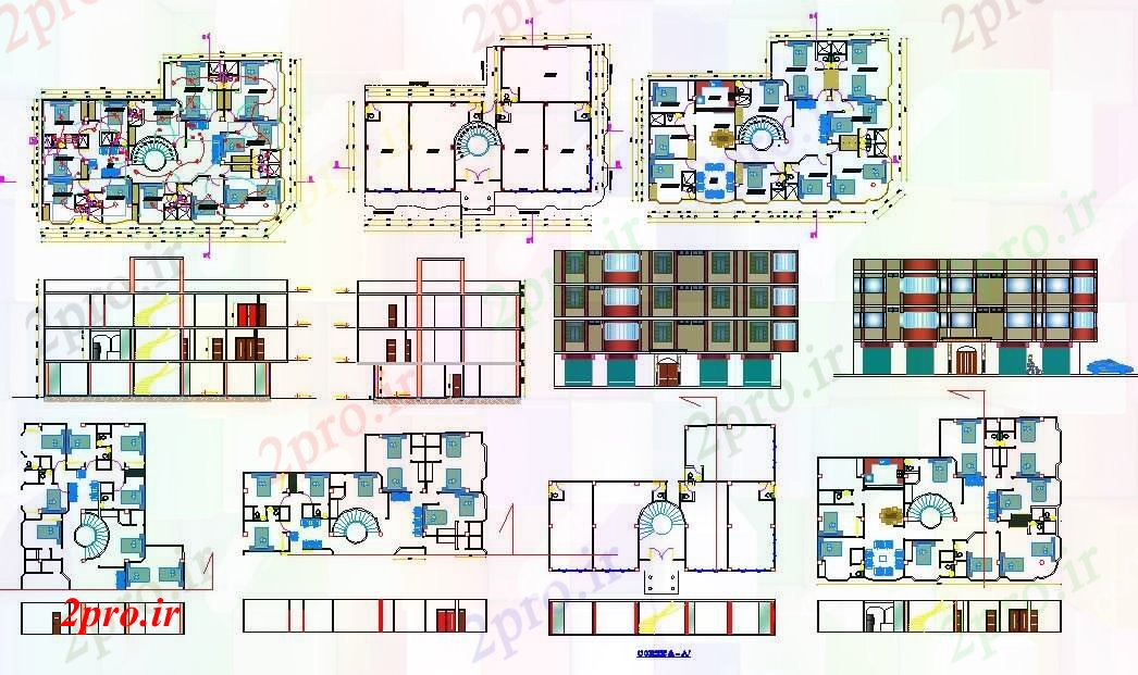 دانلود نقشه هتل - رستوران - اقامتگاه ساختمان 4 طبقه هتل 12 در 21 متر (کد52111)