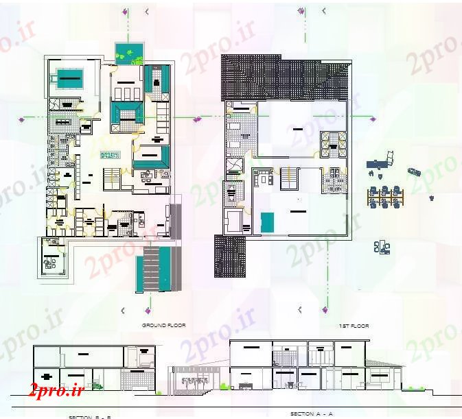 دانلود نقشه هتل - رستوران - اقامتگاه آبگرم جزئیات مرکز 16 در 27 متر (کد52117)