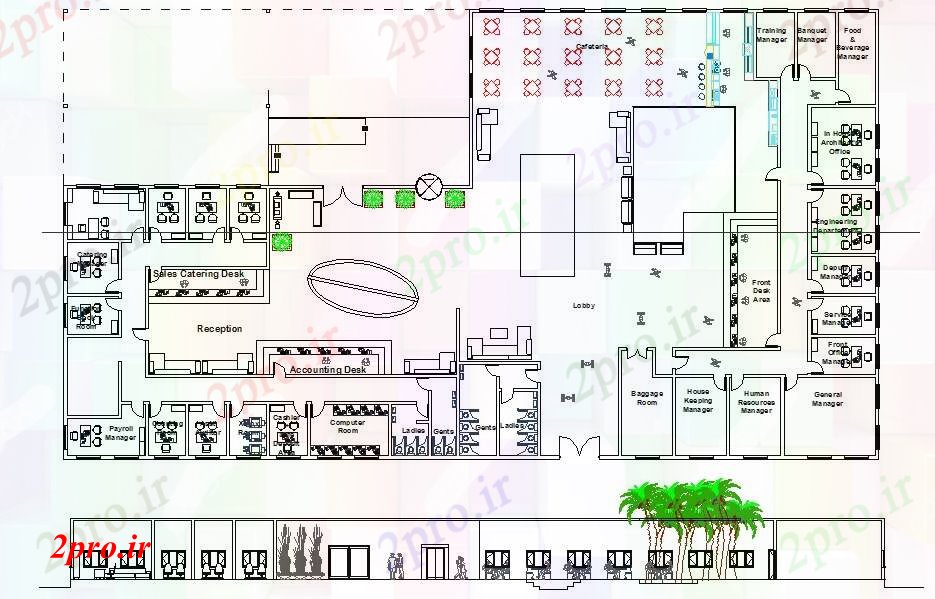 دانلود نقشه هتل - رستوران - اقامتگاه طرحی پذیرش هتل 33 در 60 متر (کد52123)