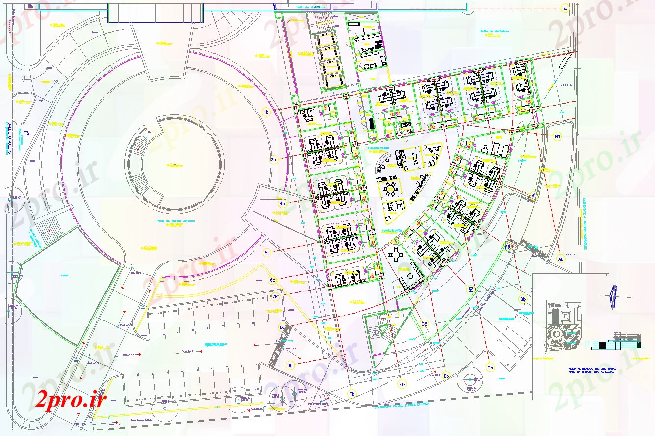 دانلود نقشه بیمارستان - درمانگاه - کلینیک جزئیات بیمارستان بزرگ و مدرن 50 در 51 متر (کد52220)