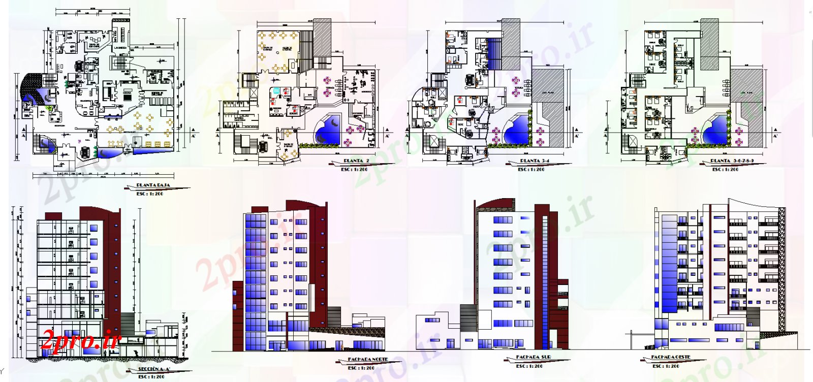 دانلود نقشه هتل - رستوران - اقامتگاه هتل طراحی ساختمان 36 در 40 متر (کد52236)