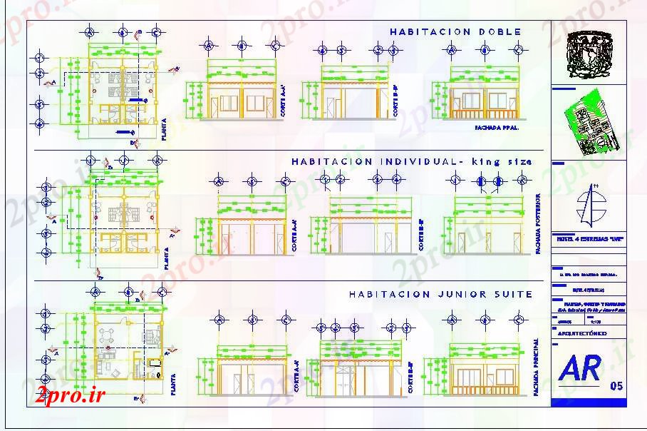 دانلود نقشه هتل - رستوران - اقامتگاه اتاق هتل طراحی 9 در 9 متر (کد52319)