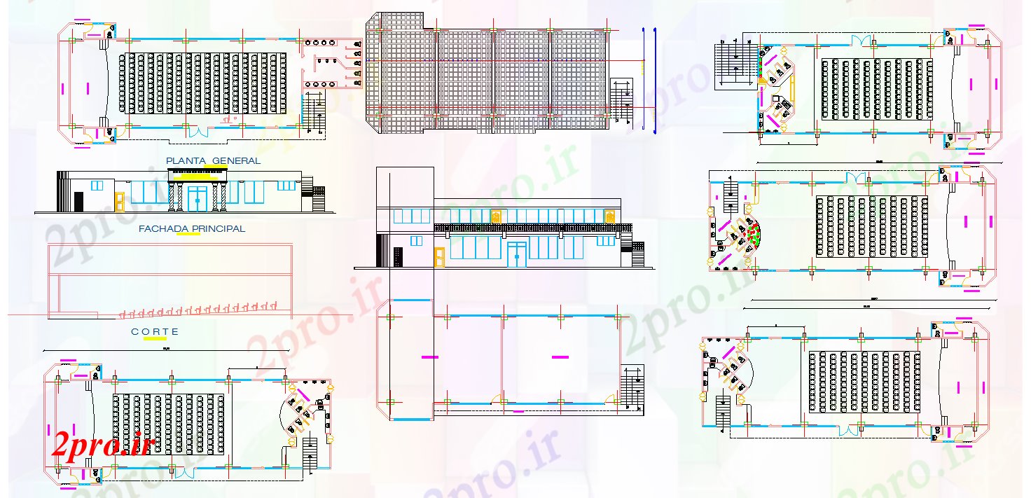 دانلود نقشه تئاتر چند منظوره - سینما - سالن کنفرانس - سالن همایشسالن برای پروژه های مدرسه 11 در 25 متر (کد52435)