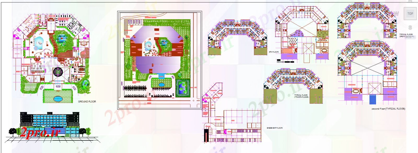 دانلود نقشه هتل - رستوران - اقامتگاه هتل 5 ستاره طرحی جزئیات 39 در 44 متر (کد52468)