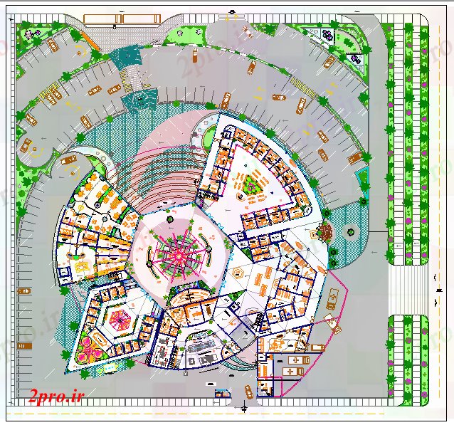 دانلود نقشه بیمارستان - درمانگاه - کلینیک طرحی دایره ای برای مرکز پزشکی 86 در 86 متر (کد52600)