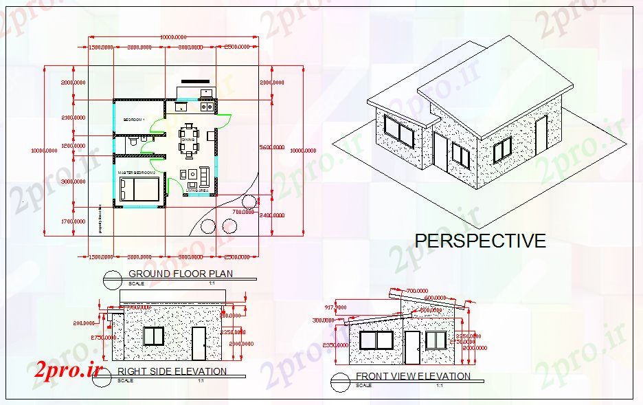 دانلود نقشه مسکونی ، ویلایی ، آپارتمان طرحی چشم انداز خانه 6 در 6 متر (کد52680)