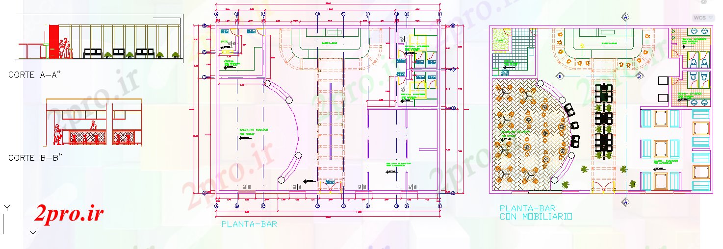 دانلود نقشه هتل - رستوران - اقامتگاه طرحی کافی شاپ 12 در 15 متر (کد52846)
