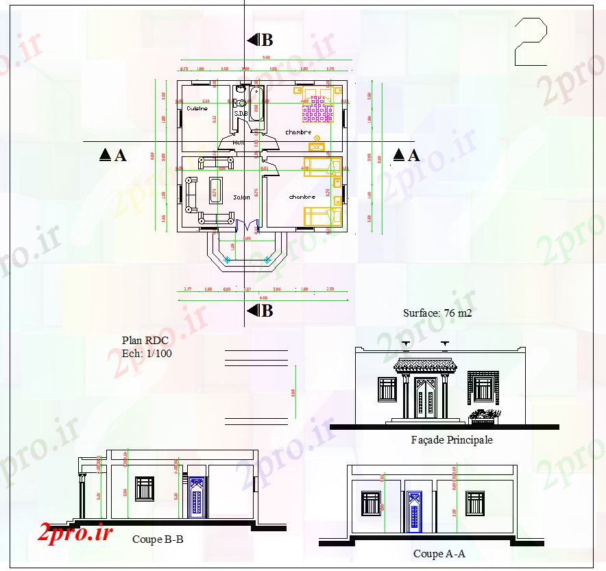 دانلود نقشه مسکونی ، ویلایی ، آپارتمان ساده خانه 8 در 9 متر (کد52858)