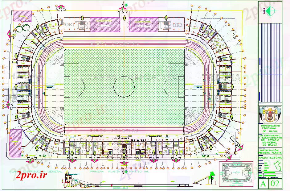 دانلود نقشه ورزشگاه ، سالن ورزش ، باشگاه جزئیات ورزشگاه 122 در 185 متر (کد53010)