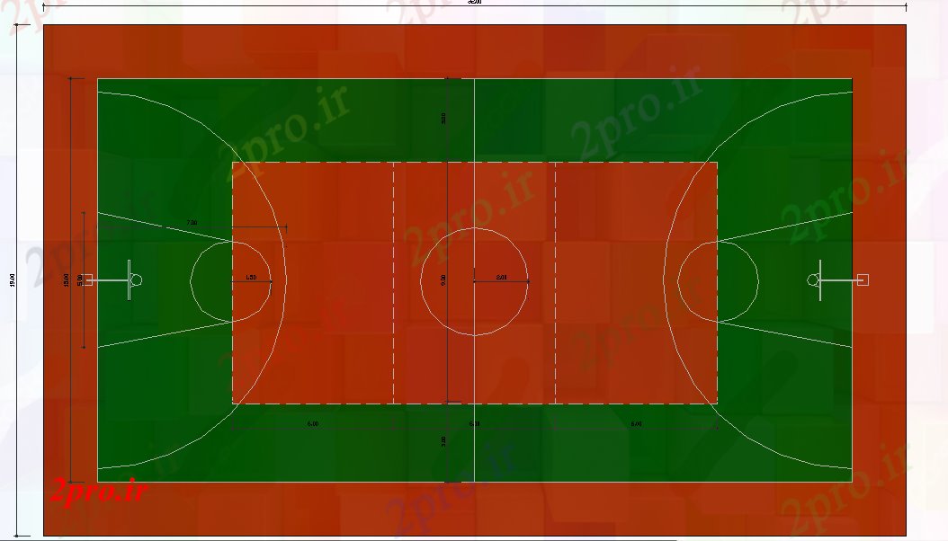 دانلود نقشه ورزشگاه ، سالن ورزش ، باشگاه زمین سبد توپ 19 در 32 متر (کد53013)