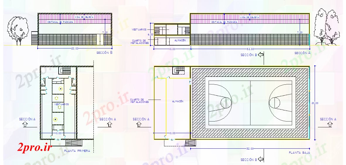 دانلود نقشه ورزشگاه ، سالن ورزش ، باشگاه چند دادگاه طراحی 20 در 42 متر (کد53015)