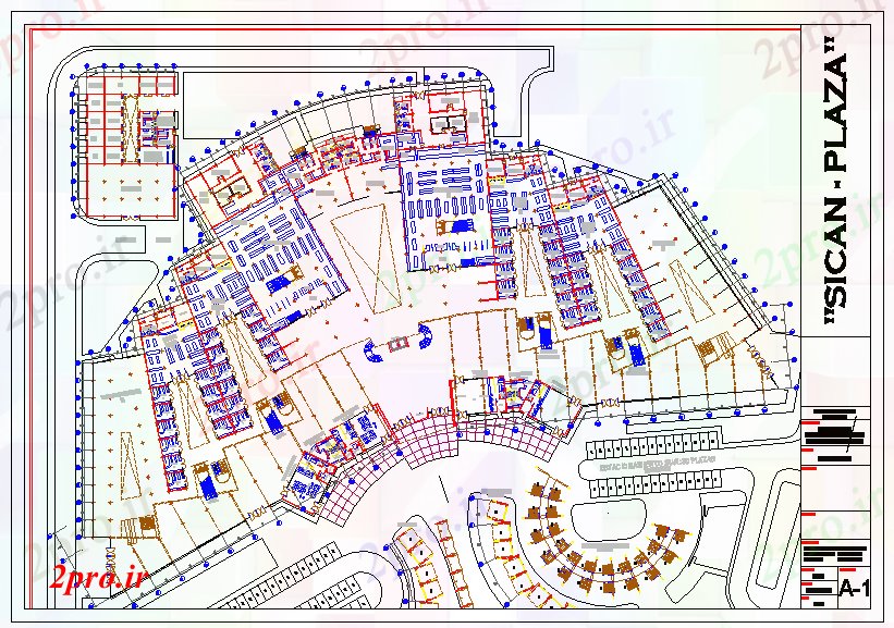 دانلود نقشه هایپر مارکت - مرکز خرید - فروشگاه خرید کوچک طراحی پیچیده 114 در 151 متر (کد53082)