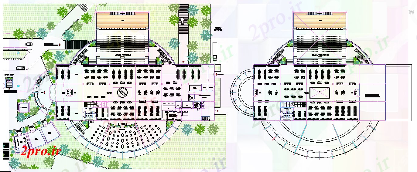 دانلود نقشه تئاتر چند منظوره - سینما - سالن کنفرانس - سالن همایشچندگانه طراحی تئاتر 81 در 104 متر (کد53386)