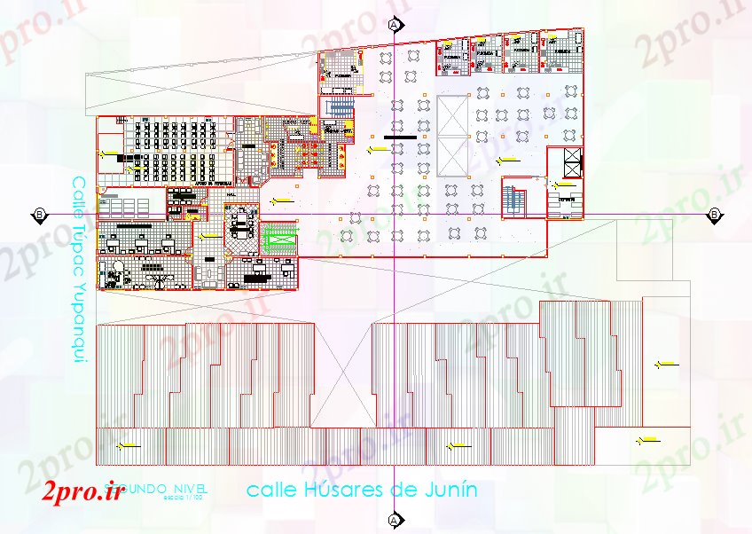 دانلود نقشه هایپر مارکت - مرکز خرید - فروشگاه بازار دراز کردن 28 در 56 متر (کد53692)