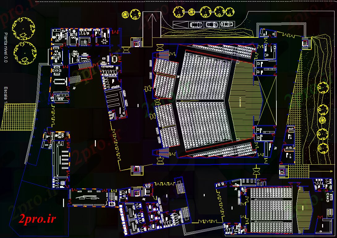 دانلود نقشه تئاتر چند منظوره - سینما - سالن کنفرانس - سالن همایشسالن سالن 68 در 83 متر (کد53772)