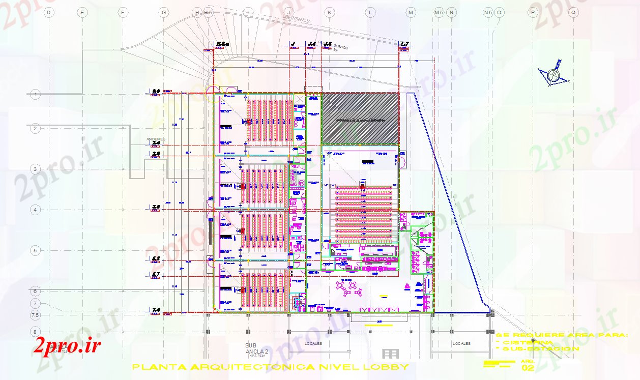 دانلود نقشه تئاتر چند منظوره - سینما - سالن کنفرانس - سالن همایشطراحی چندگانه 40 در 49 متر (کد53840)