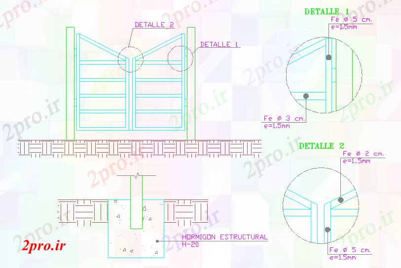 دانلود نقشه بلوک در و نرده های دیوار فلزی دو دروازه (کد53930)