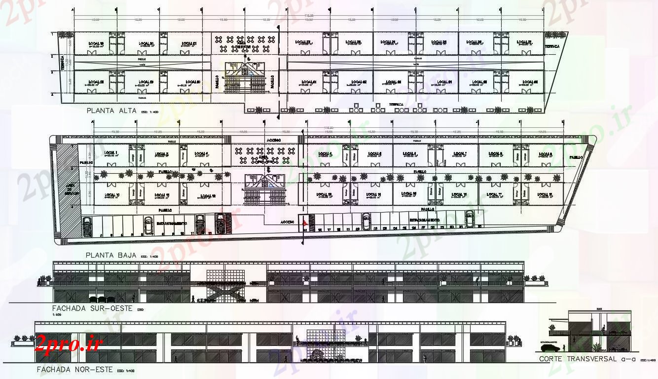 دانلود نقشه ساختمان اداری - تجاری - صنعتی ساختمان تجاری طرحی معماری 14 در 110 متر (کد54040)