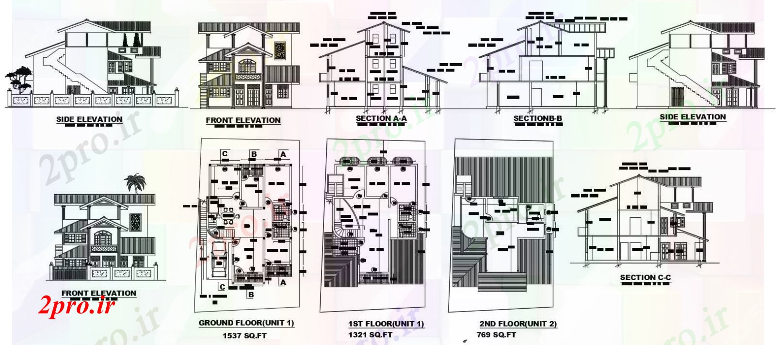 دانلود نقشه مسکونی ، ویلایی ، آپارتمان ویلایی طراحی 10 در 14 متر (کد54058)