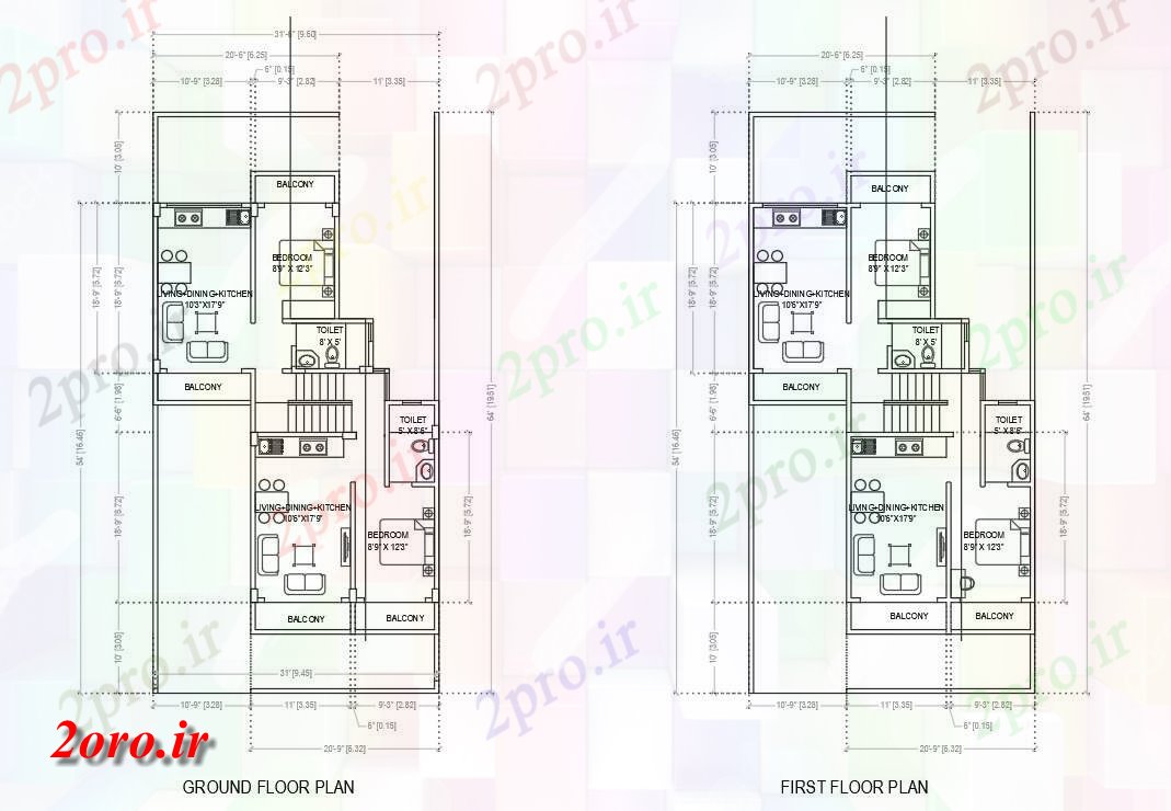 دانلود نقشه مسکونی ، ویلایی ، آپارتمان خانه مبلمان طراحی از 3 در 6 متر (کد54115)