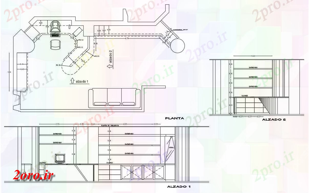 دانلود نقشه بلوک مبلمان طرحی مبلمان اداری چیدمان و نما با Aotu 4 در 7 متر (کد54212)